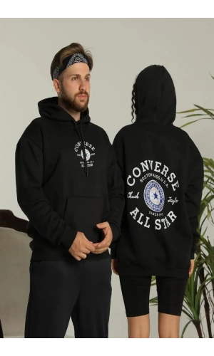 Unisex Oversize Üç İplik Şardonlu Kapüşonlu Sweatshirt – All Star Ön ve Arka Baskılı, Kanguru Cepli, Rahat Kalıp Kışlık Model - Siyah