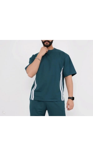 Unisex Oversize Yanları Şeritli T-Shirt - Cam Göbeği