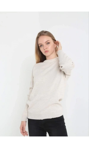 Unisex Uzun Kol Biskilet Yaka Dokuma Triko - Bej