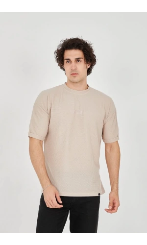 Unisex Waffle Kumaş Rahat Kol T-Shirt - Bej
