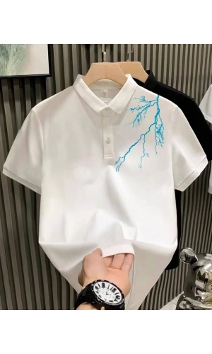 Unisex Yakası Düğmeli Oversize Baskılı T-Shirt - Beyaz