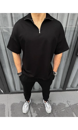 Unisex Yarım Fermuarlı Basic T-Shirt - Siyah