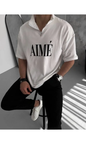Unisex Yarım Fermuarlı Baskılı T-Shirt - Beyaz