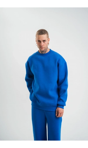 Uzun Kol Bisiklet Yaka Basic SweatShirt - Mavi