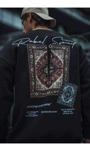 Uzun Kol Bisiklet Yaka Baskılı SweatShirt - Siyah