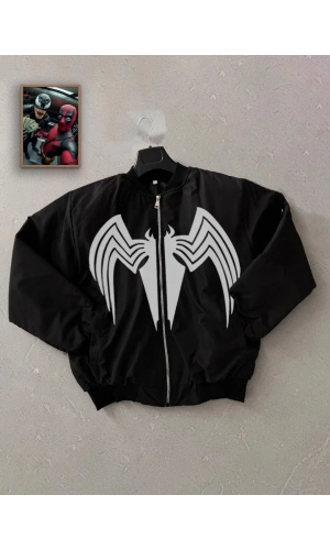 Venom Örümcek Desenli Erkek Mont – Siyah Bomber Ceket, Fermuarlı, Kol Fermuarlı Cep Detaylı, Günlük ve Sokak Modası İçin Uygun - Siyah