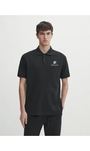 Yakası Düğmeli Yakalı Pike Baskılı T-Shirt - Beyaz