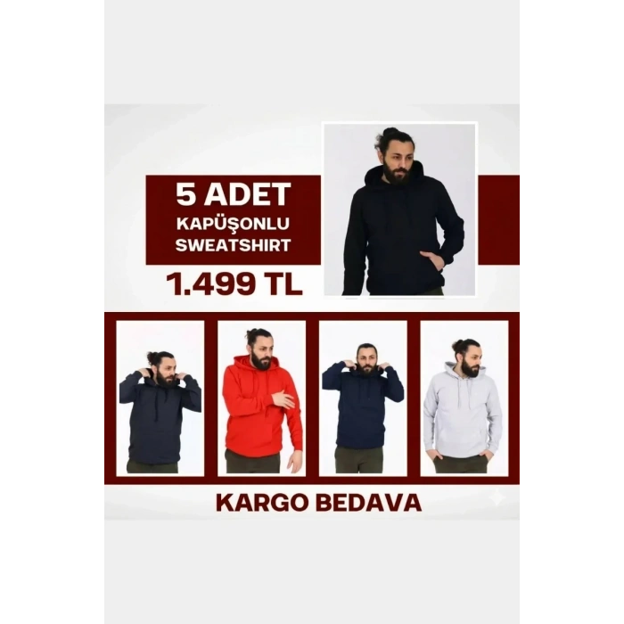 5 Adet Kapüşonlu İçi Polarlı Regular Kalıp Erkek Sweatshirt