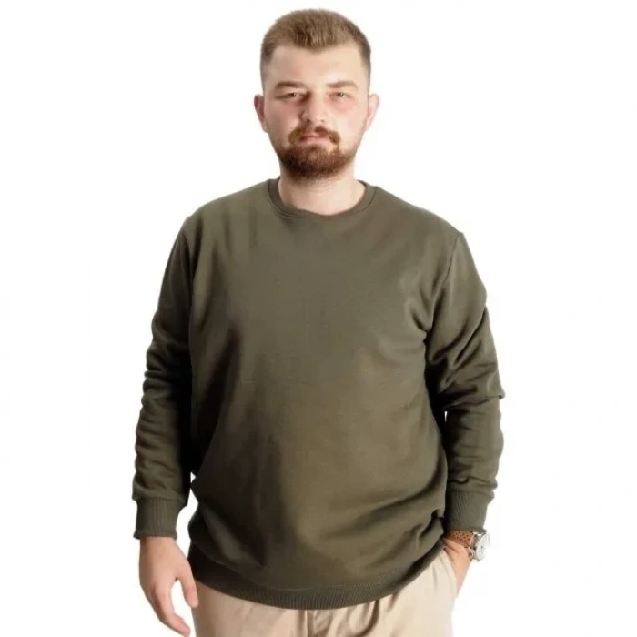 Erkek Büyük Beden Sweatshirt Bisiklet Yaka Basic Haki