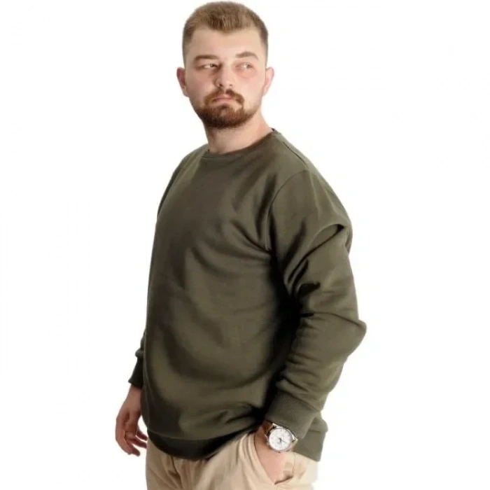 Erkek Büyük Beden Sweatshirt Bisiklet Yaka Basic Haki