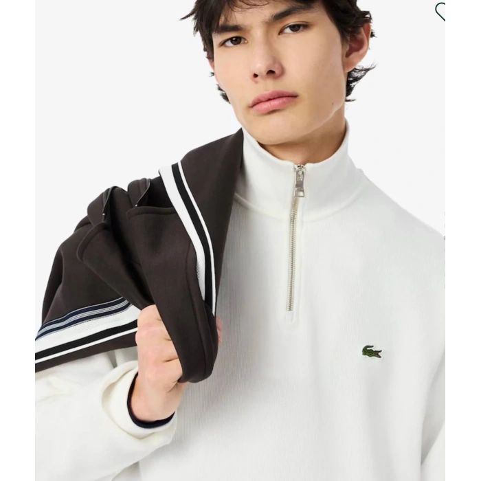 Erkek Classic Fit Yarım Fermuarlı Double Face Beyaz Sweatshirt