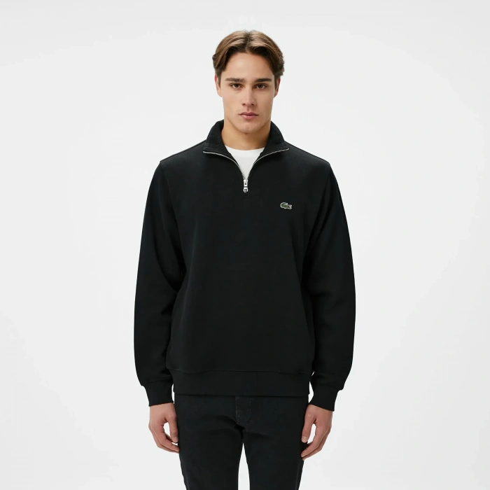 Erkek Classic Fit Yarım Fermuarlı Double Face Siyah Sweatshirt