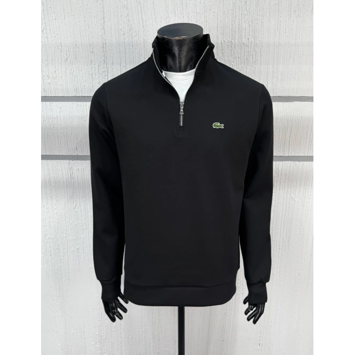 Erkek Classic Fit Yarım Fermuarlı Double Face Siyah Sweatshirt