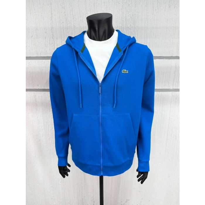 Erkek Fermuarlı Double Face Pike Kapüşonlu Polar Sweatshirt Saks Mavi