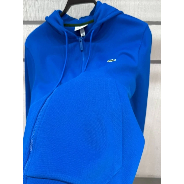 Erkek Fermuarlı Double Face Pike Kapüşonlu Polar Sweatshirt Saks Mavi