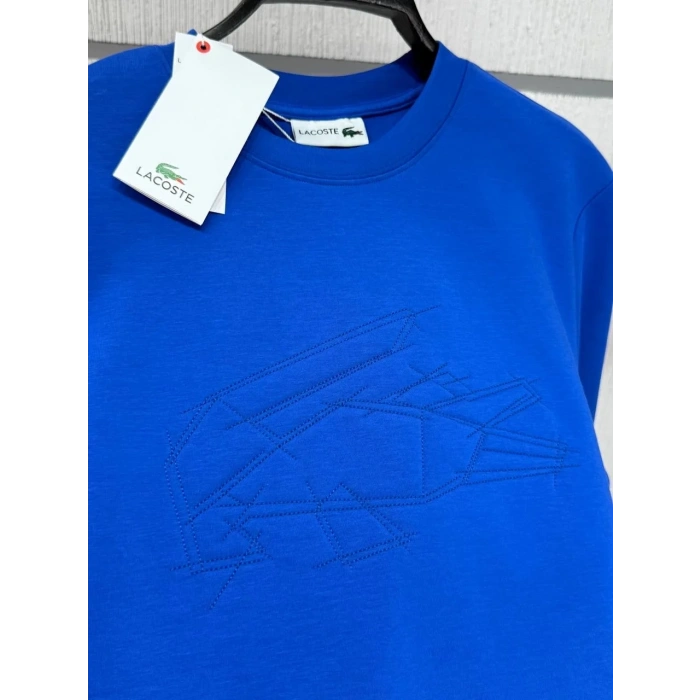 Erkek İşlemeli Double Face Kumaş Kol Armalı Bisiklet Yaka Sweatshirt Mavi