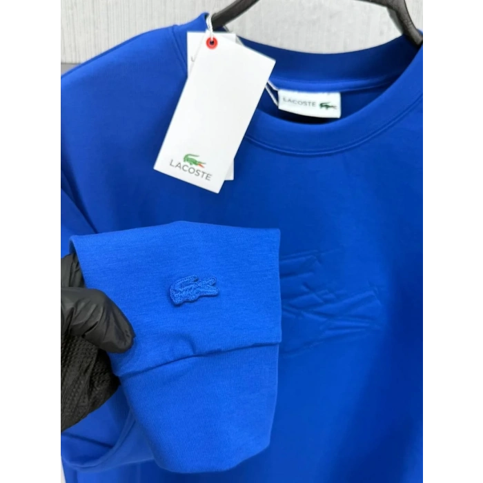 Erkek İşlemeli Double Face Kumaş Kol Armalı Bisiklet Yaka Sweatshirt Mavi