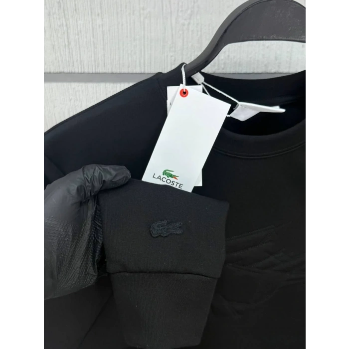 Erkek İşlemeli Double Face Kumaş Kol Armalı Bisiklet Yaka Sweatshirt Siyah