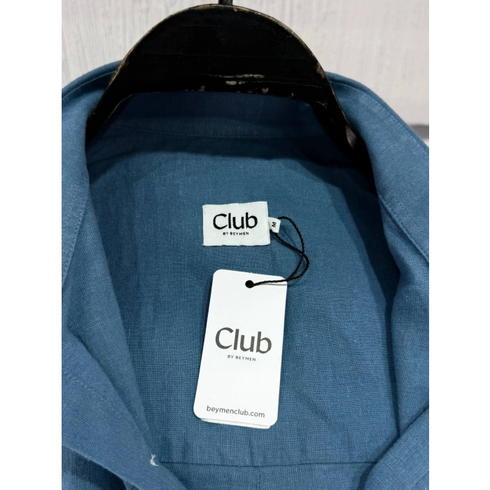Erkek Premium %100 Linen (Keten) Regular Fit Yaka Düğmeli Gömlek - Indigo