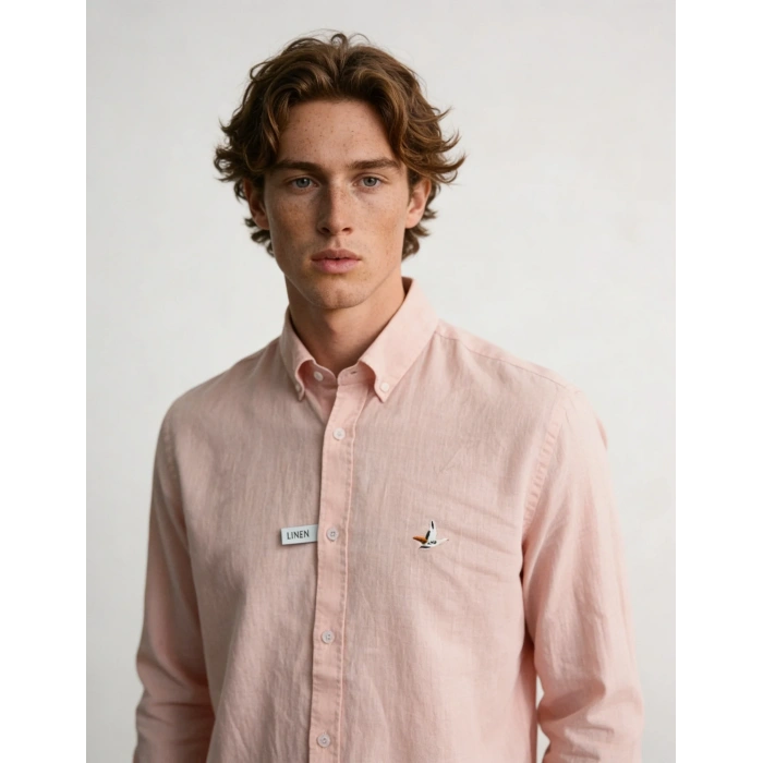 Erkek Premium %100 Linen (Keten) Regular Fit Yaka Düğmeli Gömlek - Pembe