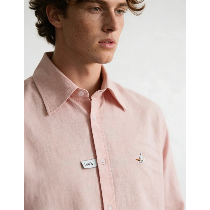 Erkek Premium %100 Linen (Keten) Regular Fit Yaka Düğmeli Gömlek - Pembe