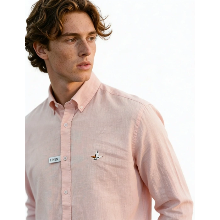 Erkek Premium %100 Linen (Keten) Regular Fit Yaka Düğmeli Gömlek - Pembe