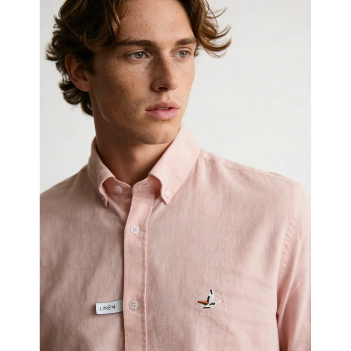 Erkek Premium %100 Linen (Keten) Regular Fit Yaka Düğmeli Gömlek - Pembe