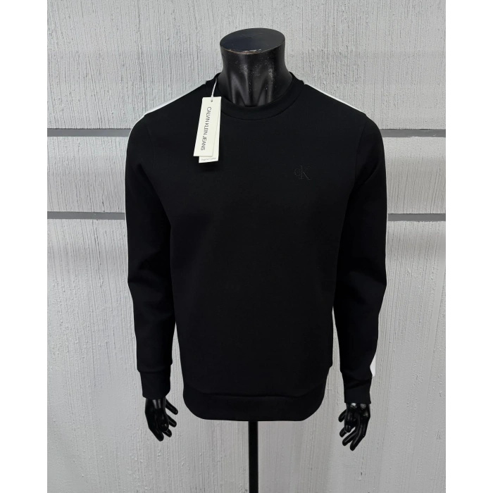 Erkek Regular Fit Armalı Double Face Kumaş Kolları Şeritli Sweatshirt Siyah