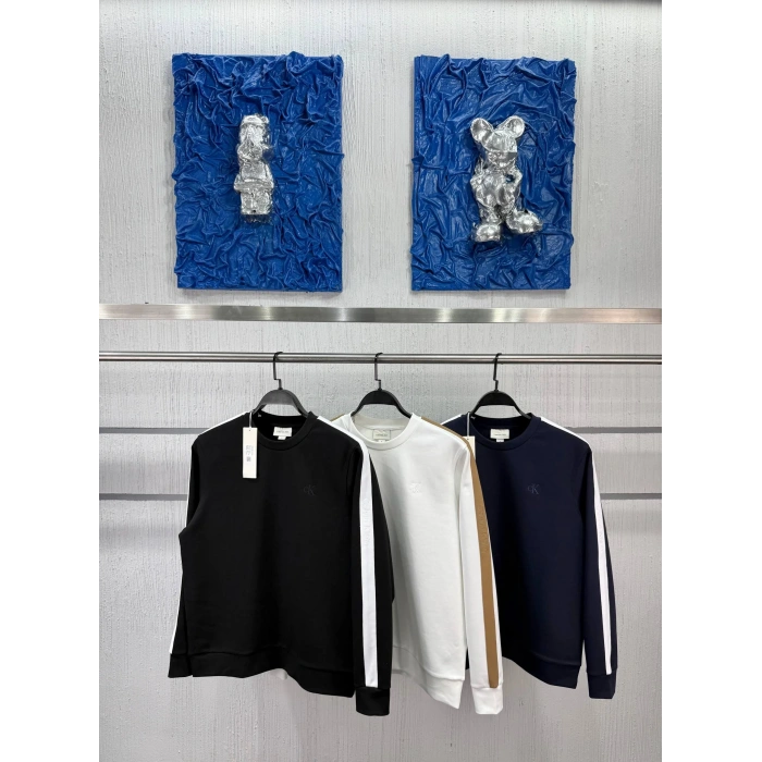 Erkek Regular Fit Armalı Double Face Kumaş Kolları Şeritli Sweatshirt Siyah