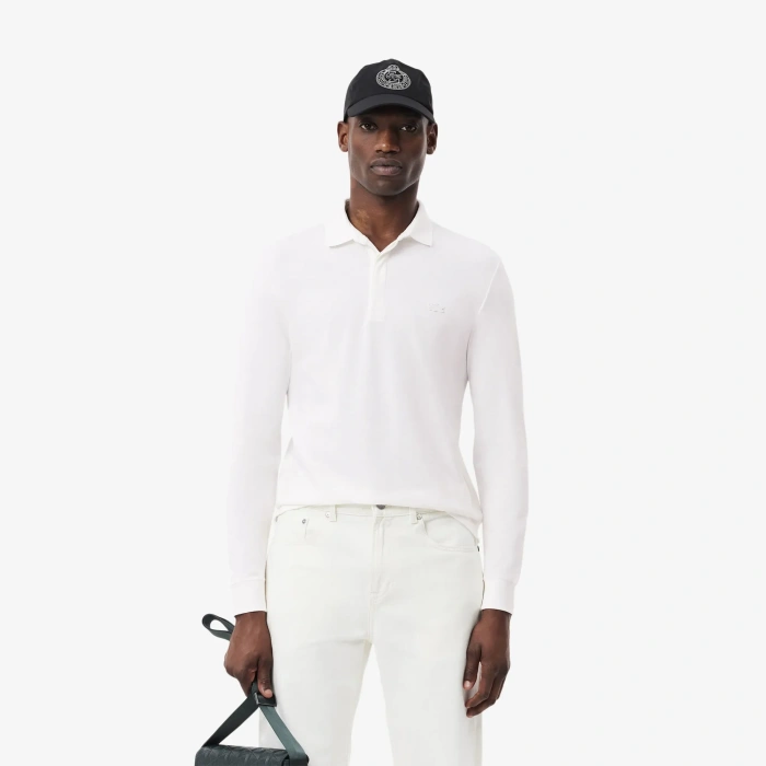 Erkek Regular Fit Uzun Kollu Beyaz Pike Paris Polo