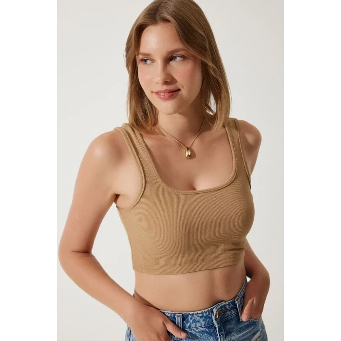 Fitilli Kalın Askılı Pamuklu Örme Crop Bej