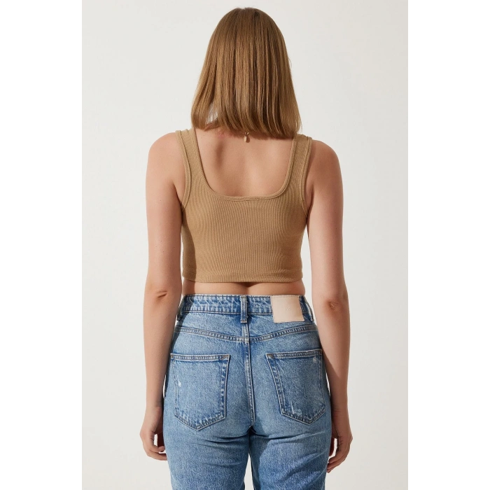 Fitilli Kalın Askılı Pamuklu Örme Crop Bej