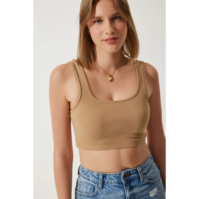 Fitilli Kalın Askılı Pamuklu Örme Crop Bej