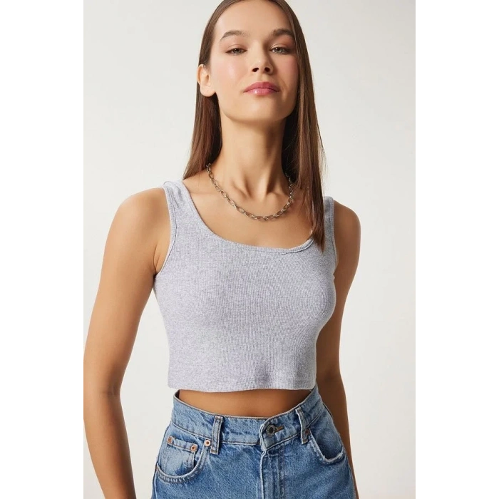 Fitilli Kalın Askılı Pamuklu Örme Crop Gri