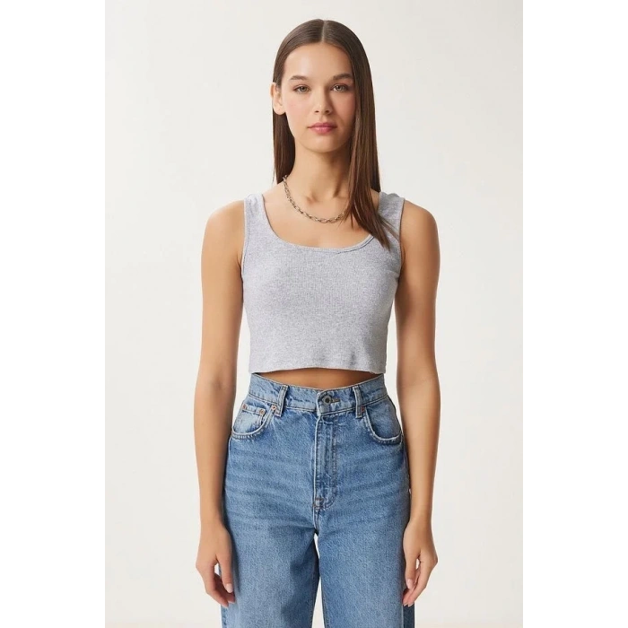 Fitilli Kalın Askılı Pamuklu Örme Crop Gri