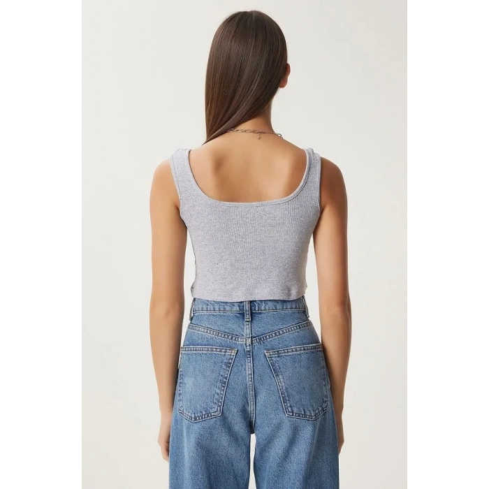 Fitilli Kalın Askılı Pamuklu Örme Crop Gri