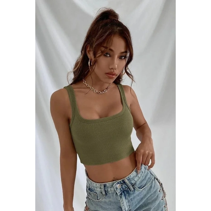 Fitilli Kalın Askılı Pamuklu Örme Crop Haki