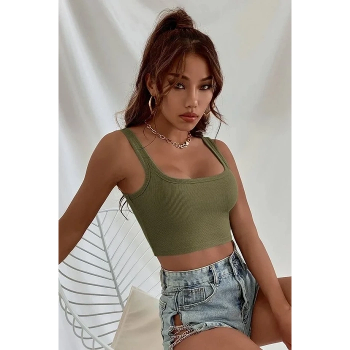 Fitilli Kalın Askılı Pamuklu Örme Crop Haki
