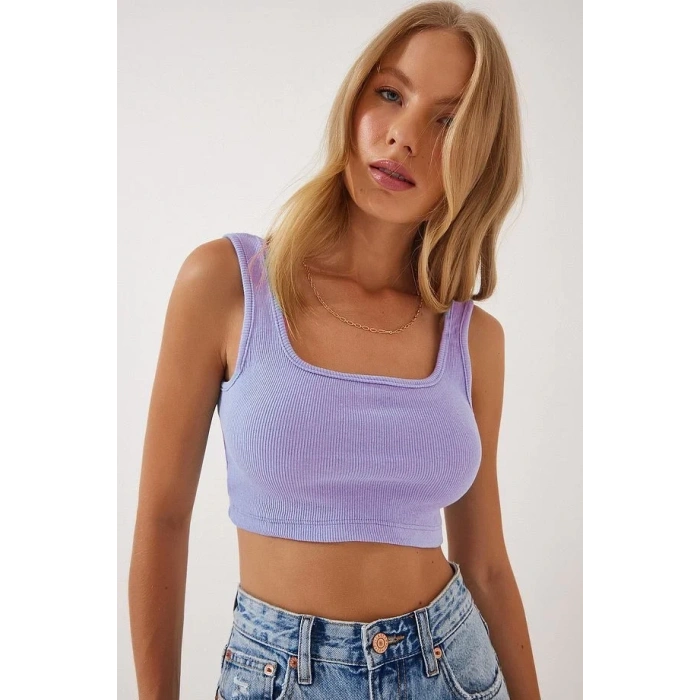 Fitilli Kalın Askılı Pamuklu Örme Crop Lila