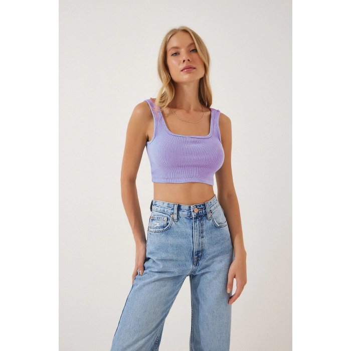 Fitilli Kalın Askılı Pamuklu Örme Crop Lila