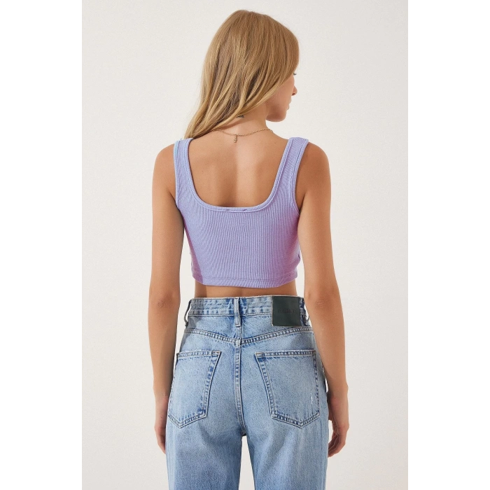 Fitilli Kalın Askılı Pamuklu Örme Crop Lila