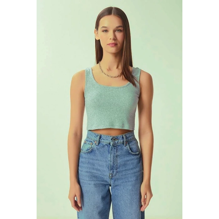 Fitilli Kalın Askılı Pamuklu Örme Crop Su Yeşili