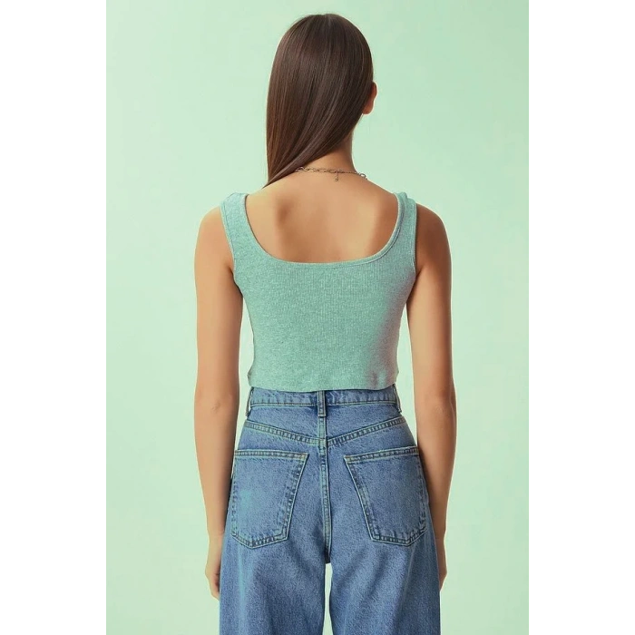 Fitilli Kalın Askılı Pamuklu Örme Crop Su Yeşili