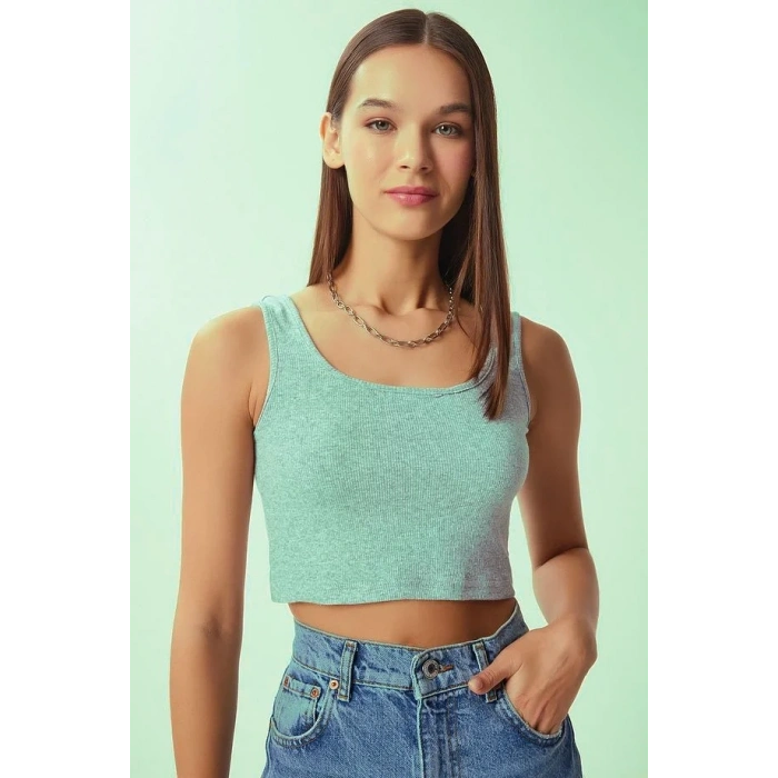 Fitilli Kalın Askılı Pamuklu Örme Crop Su Yeşili