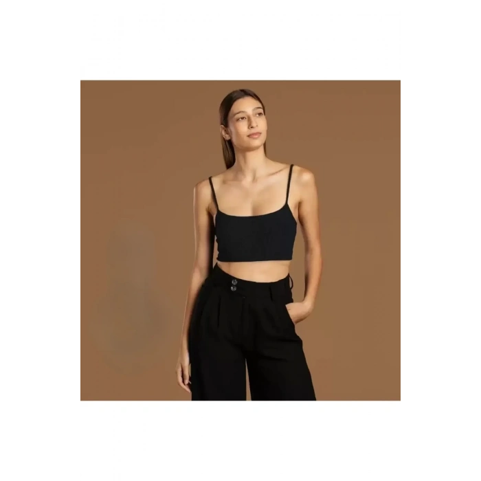 İp Askılı Fitilli Pamuk Örme Kısa Crop Atlet 40 cm