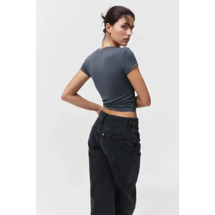 Kadın Bisiklet Yaka Regular Kalıp T-shirt Antrasit