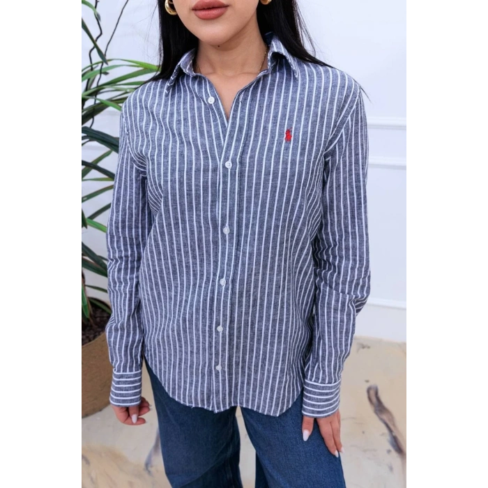 Kadın Premium %100 Linen (Keten) Regular Fit Çizgili Gömlek - Siyah