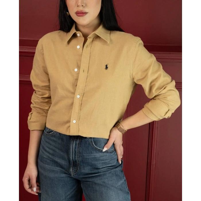 Kadın Premium %100 Linen (Keten) Regular Fit Gömlek - Bej
