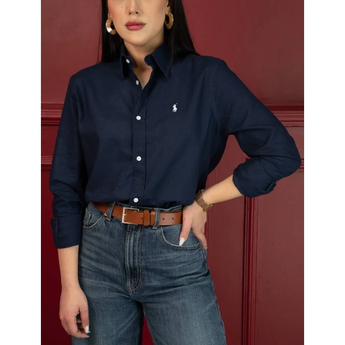 Kadın Premium %100 Linen (Keten) Regular Fit Gömlek - Lacivert