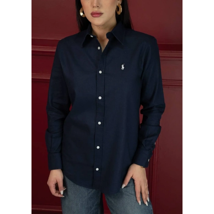 Kadın Premium %100 Linen (Keten) Regular Fit Gömlek - Lacivert